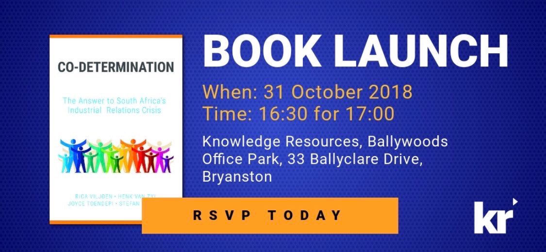 SABPP1's tweet image. The big day has arrived for ⁦@ricaviljoen⁩ et al. Best wishes for a great launch of this book on such an innovative approach to #EmploymentRelations and #OD converging for the benefit of all:  #Codetermination ⁦@KnowledgeRes⁩