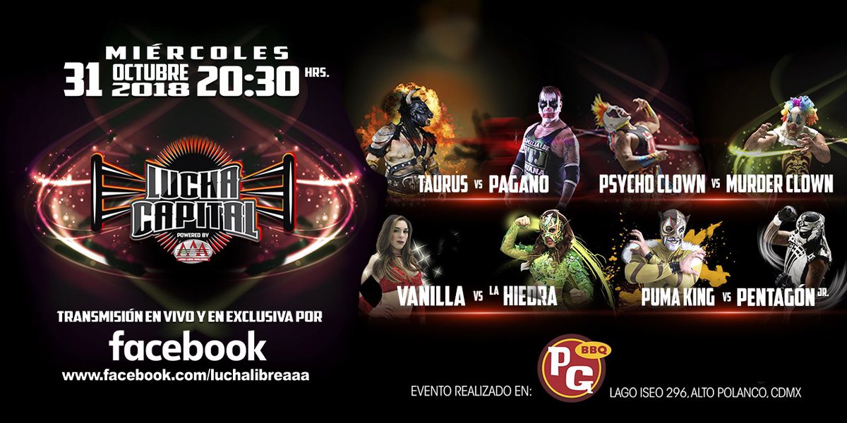 manrayk's tweet photo. Mañana a las 8:30 pm es el estreno de #LuchaCapital en el fanpage de @luchalibreaaa en @facebook 

Los primeros enfrentamientos son:

Taurus Vs @Pagano656 

@Psychooriginal Vs @murderelgrande 

@VanillaVargas Vs @LaHiedraAAA 

@PumaKingOficial Vs @PentagonJunior https://t.co/7QvyD48GEt