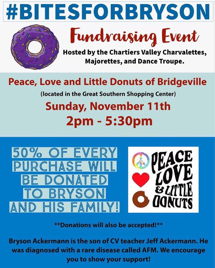 cv_dancetroupe's tweet image. Please make sure to come out to Peace Love and Little Donuts in Bridgeville next Sunday the 11th to support one of our own CV family, Bryson Ackermann! 50% of every purchase will be donated to the Ackermann family❤️💙❤️💙 #brysonsbrigade