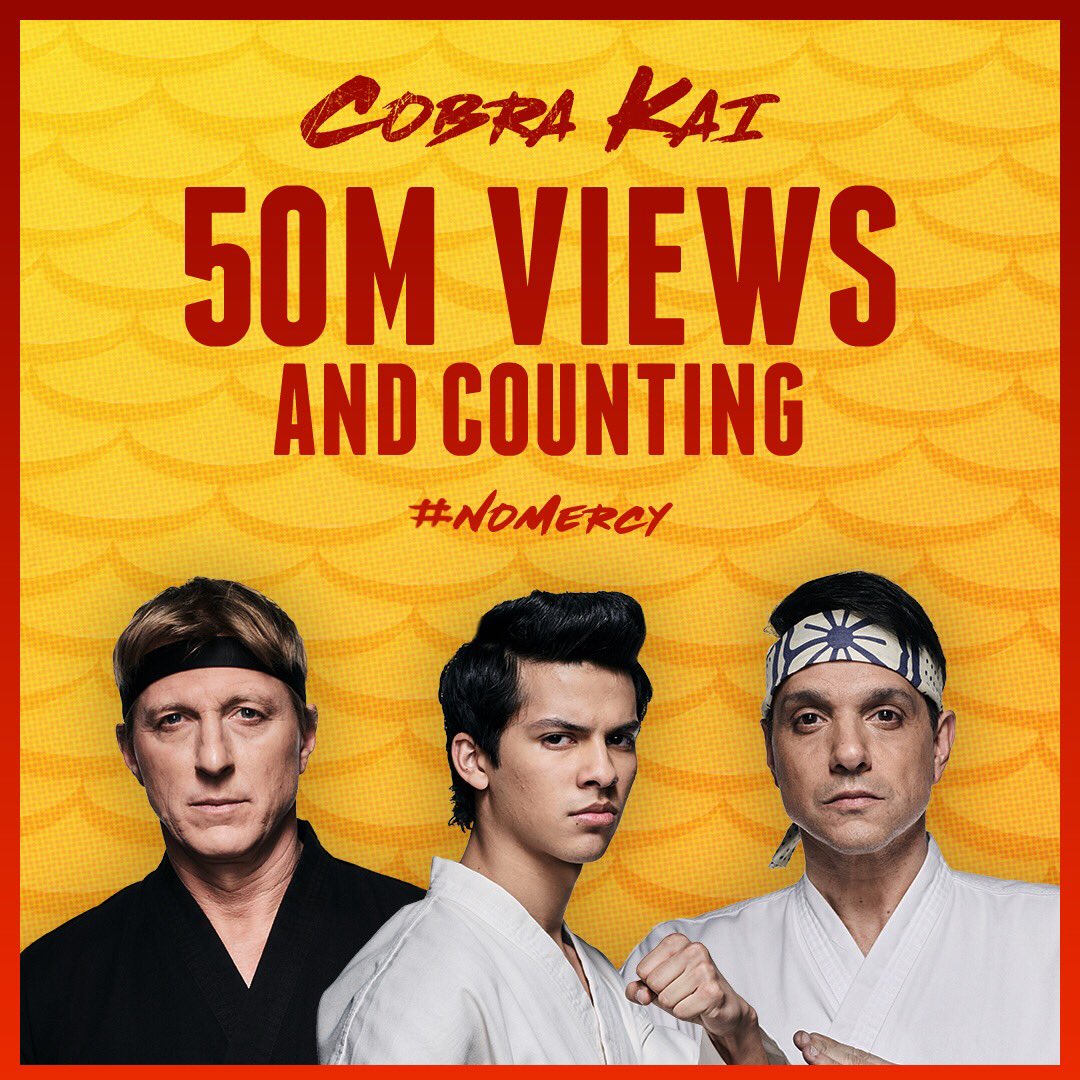 CobraKaiSeries's tweet photo. Cobra Kai Never Dies. 50 Million views and counting. #CobraKai #NoMercy https://t.co/SyN72aj3zB