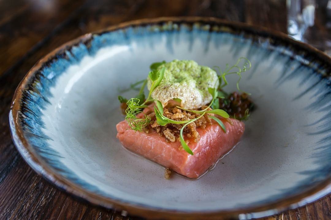 FlyingFishAU's tweet photo. The combination of “Petuna ocean trout with pea mousse, puffed quinoa, black sesame & trout roe." .. #FlyingFishAU https://t.co/05JJrtBgYJ