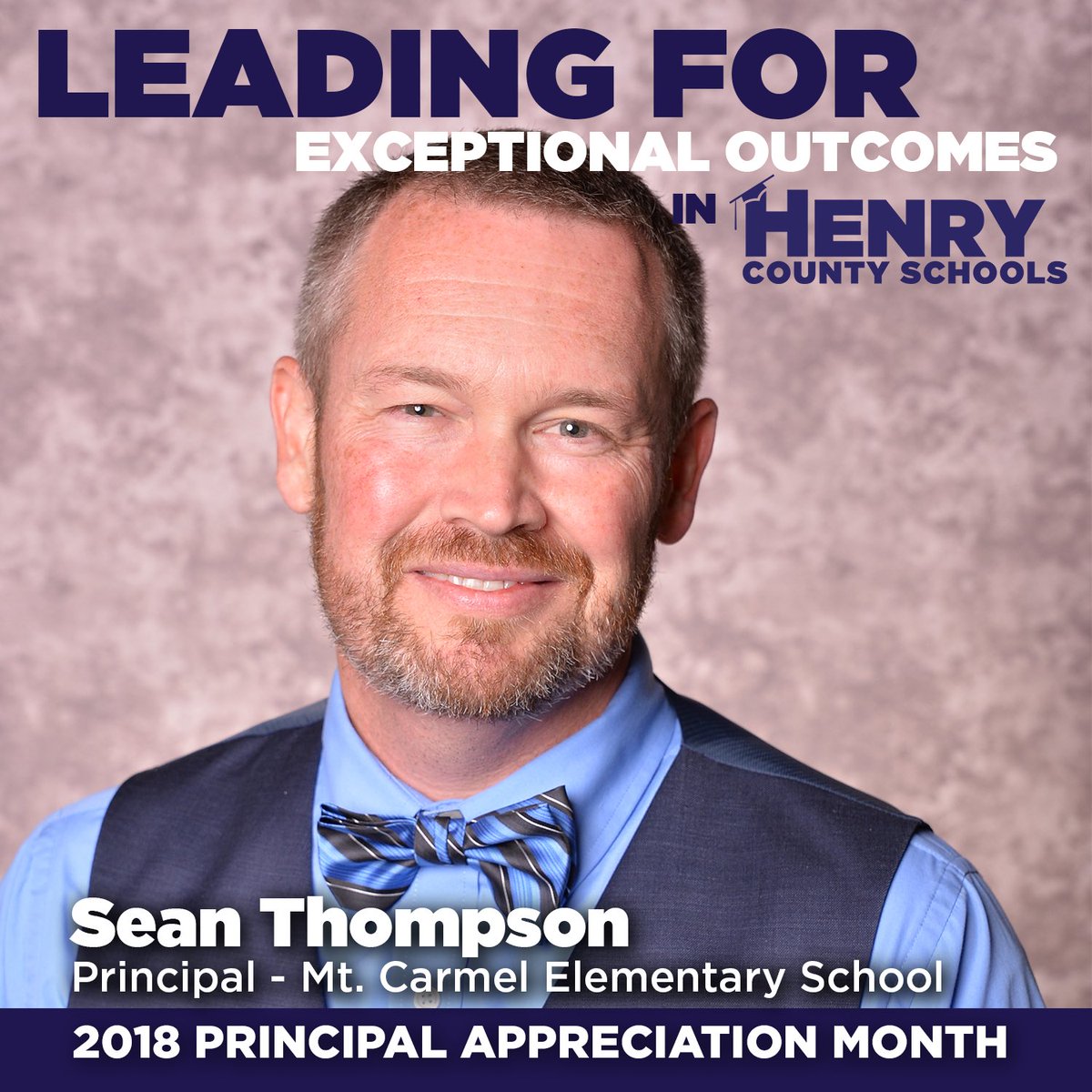 Principal Profile - Nat'l Principals Month:
Sean Thompson - <a href="/MCE_HCS/">Mt. Carmel Mustangs</a>
Yrs. in Edu./Admin./HCS: 16/7/12
Fun fact: 1st career was in collegiate sports marketing
Inspiration: My parents
1 lesson for students: Be a leader
Words to describe you: Quiet, structured, results-oriented