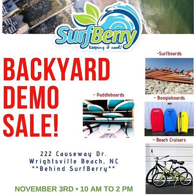 ^^^ MARK YOUR CALENDARS! ^^^
#Repost <a href="/surfberrywb/">SurfBerry</a> 
It's that time of the year again for our annual Backyard Demo Sale happening November 3rd!
🔹SUP Boards (NEW &amp; Lightly used)
🔸Surfboards
🔹Boogieboards
🔸Beach Cruisers
Stop by and check out all of the equipment for sale 10…