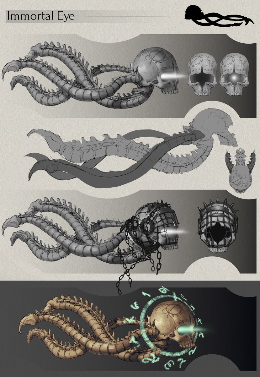Immortal Eyes are floating skulls with three trailing tentacles made from spinal cords that dangle behind them. The skull itself has had the space between its eye sockets carved away creating a single large eye socket from which necromatic magic glows. #ConceptArt #IndieDev #ARPG
