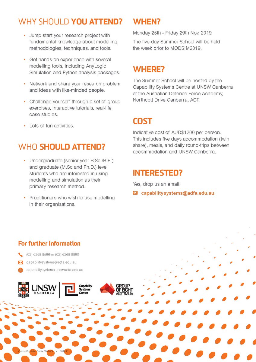 EnayatMoallemi's tweet image. Interested in systems thinking and modelling, exploratory modelling, optimisation, decision support, and more? Don&apos;t forget to join our summer school on &quot;Model-Based Decision Analysis&quot; @UNSWCanberra, right before MODSIM 2019 bit.ly/2DcJV63