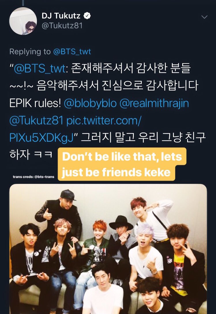 later after the show, bts got to meet epik high and take a pic with them!! they posted it on their main twitter and tablo, dj tukutz, and mithra jin all replied with cute comments(note: tablo deleted his old tweets fairly recently & i don't have a screenshot of the actual reply)