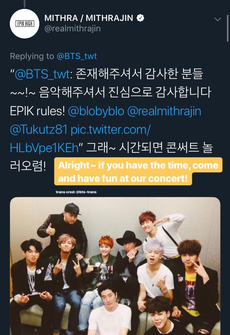 later after the show, bts got to meet epik high and take a pic with them!! they posted it on their main twitter and tablo, dj tukutz, and mithra jin all replied with cute comments(note: tablo deleted his old tweets fairly recently & i don't have a screenshot of the actual reply)