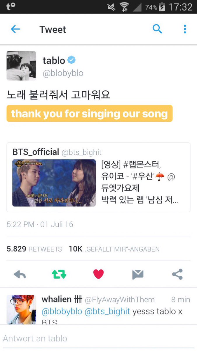 tablo later commented on the cover after bts posted it on their official twitter