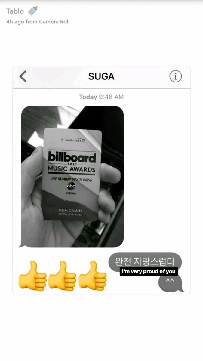 when bts went to the bbmas in 2017, yoongi texted tablo a pic of his badge and he screenshotted it and posted it on his snap. i'm so soft.