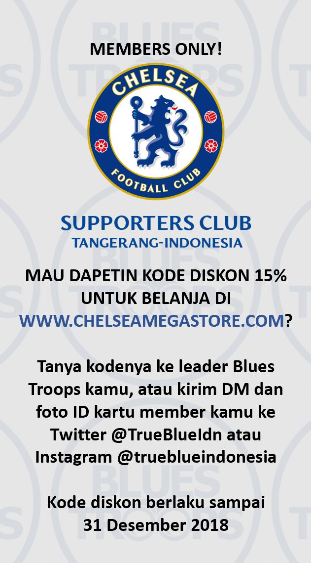 Sudah gajian? Atau pengen beli merchandise resmi <a href="/ChelseaFC/">Chelsea FC</a> yang gak ada di tempat kamu? Ini saatnya! Khusus buat member TBI, kamu bisa dapetin kode diskon 15% untuk belanja di chelseamegastore.com! Mau kodenya? Cek gambar di bawah ini ya!