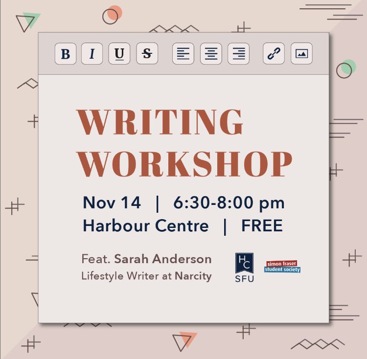 Come out to our FREE writers workshop at SFU Harbour Centre on November 14th @ 6:30pm! RSVP through this link ✨ eventbrite.ca/e/writing-work…