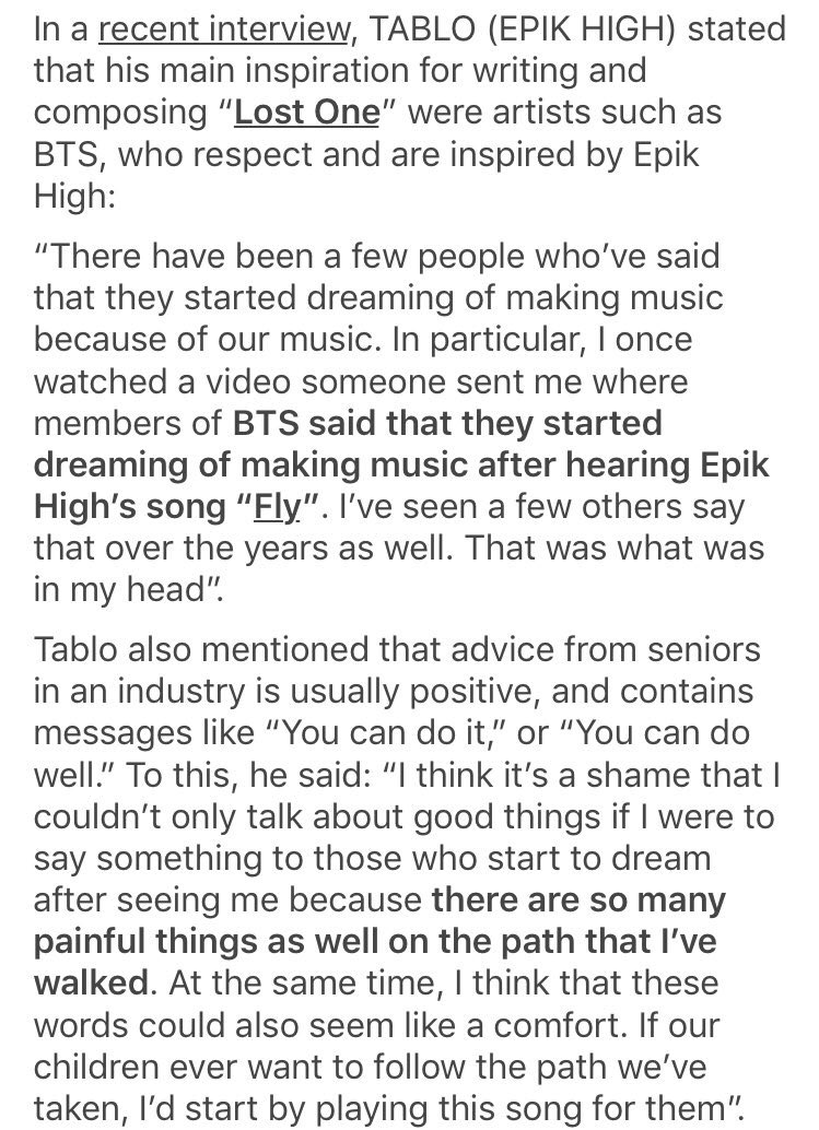 in an interview after they released their most recent album "we've done something wonderful" in 2017, tablo expressed how bts inspired one of their new tracks: "lost one."
