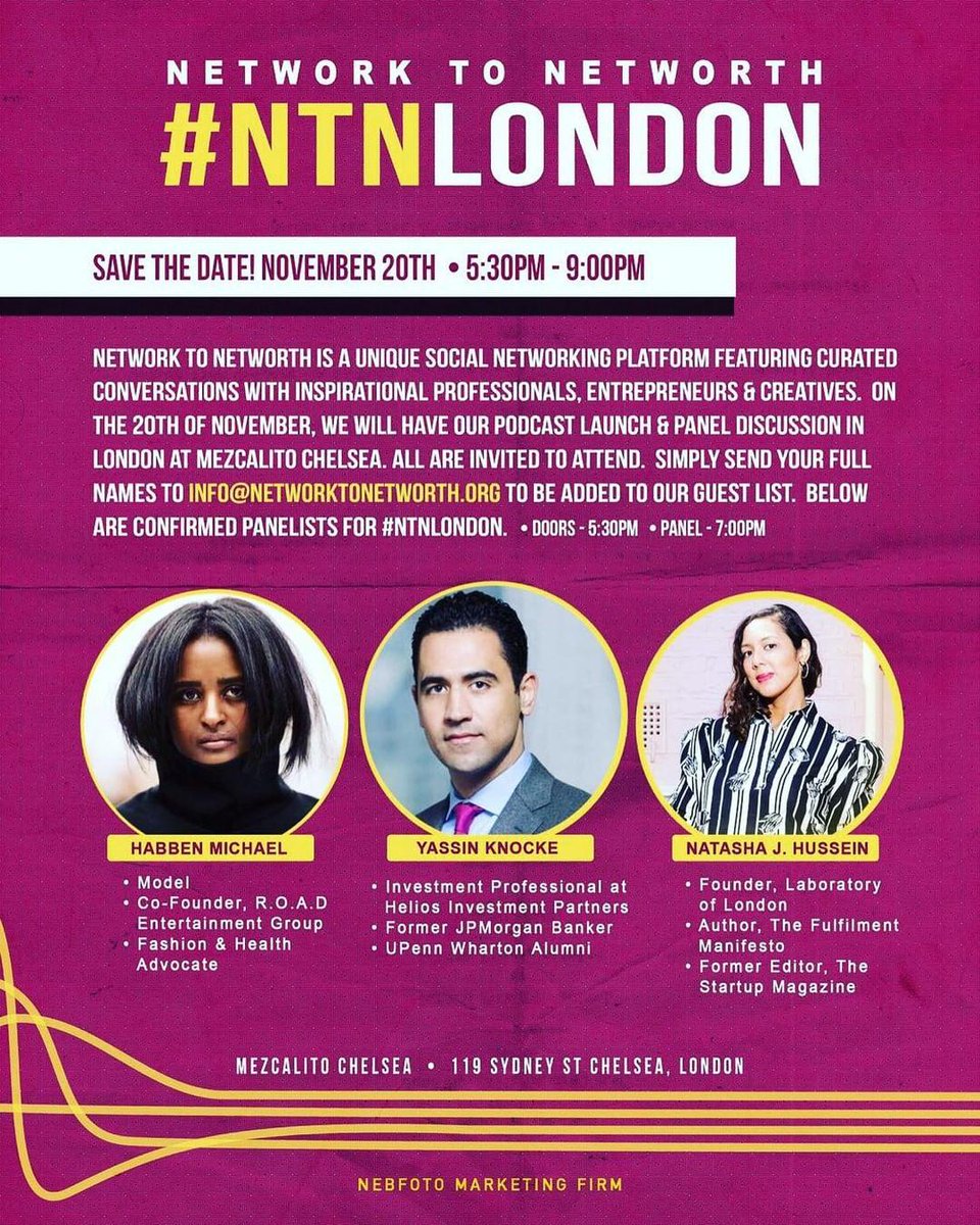 globetrotter1_'s tweet image. To my Londoners save the date, Grab a friend Lets net work Tues{Nov/20th} 1st ever #NTNLondon event will be held at @MezcalitoChelsea. 5:30pm doors open, 7:00pm panel discussion starts. 

#NetworkToNetworth
@NTN___

Ya Network is ya Networth!!! #Trustmeonthis 🙌