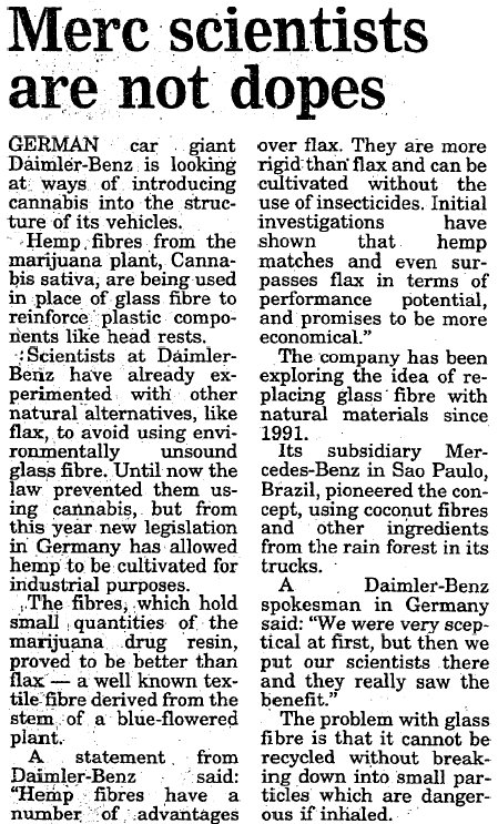 dubhempmuseum's tweet photo. An article in the @irishexaminer on this day (November 14th) in 1996. It highlights the use of hemp in cars by the German manufacturer Mercedes-Benz. 

#hemp #ireland #germany #mercedes #motoring #car #cars #hempcar #irishhemp #90s #research https://t.co/Jsn0yjMbuc