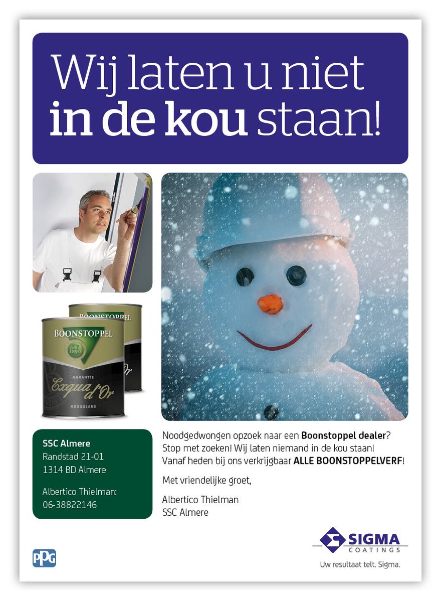 Groot nieuws!
Vanaf heden is ons assortiment uitgebreid met alle producten van Boonstoppel verf! 
Alvast een kijkje nemen kan op boonstoppelverf.nl/professional/h…
of kom kijken in het Service Center! 
Wij laten u niet in de kou staan!
#Sigma #Glidden #Boonstoppel