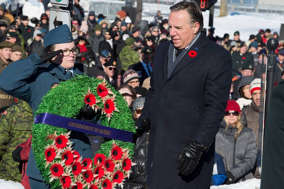 QuebecCadets's tweet photo. Quebec Premier @FrancoisLegault laid a wreath on behalf of the Government of Quebec, during the Remembrance Day ceremonies, in Quebec city. He was accompanied by cadet Mélanie Côté of 629 Kiwanis-Québec squadron for the occasion. #RememberThem https://t.co/l6K0467gJr