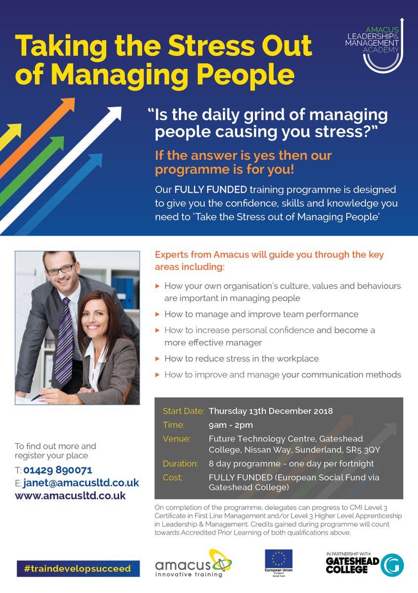 AmacusLimited's tweet image. Do you want to &apos;Take the Stress out of Managing People&apos;? Our latest fully funded programme starts Dec 13th. Click here to book bit.ly/2yMemvf   #freetraining #traindevelopsucceed #managementtraining #MondayMotivation