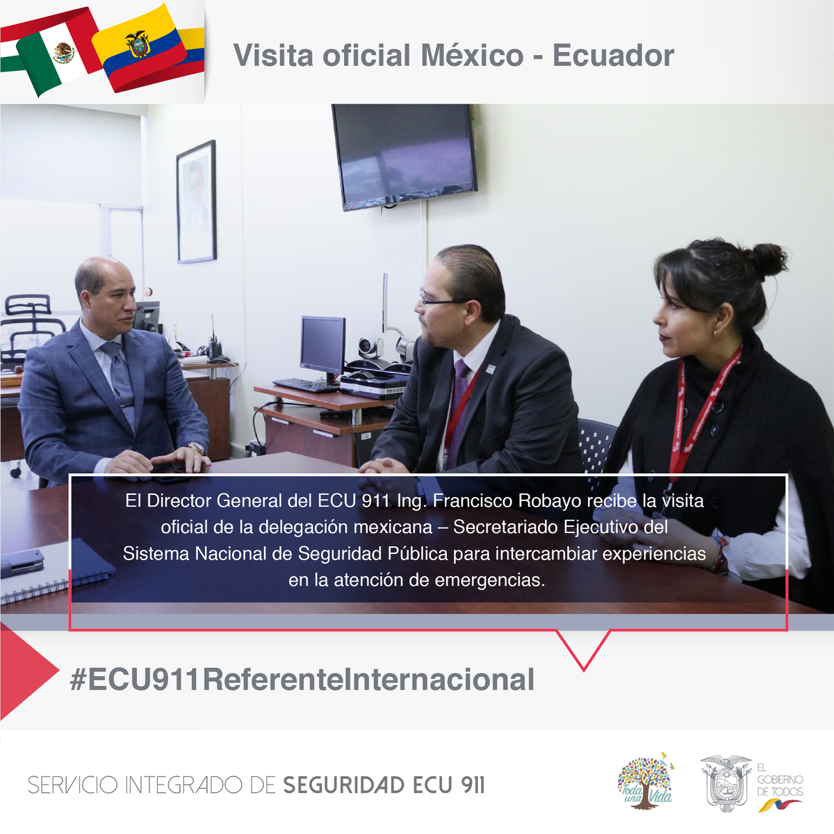 El Director General (E) <a href="/FrRobayo/">Francisco Robayo</a> dio la bienvenida a la delegación del Sistema de Seguridad Pública de México que recibirá asesoría sobre el proceso de certificación #EENA, la misma que obtuvimos en el 2016. #ECU911ReferenteInternacional