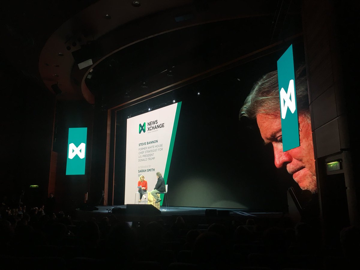 Sarah Smith, BBC, challenges Steve Bannon with well-researched hard questions at <a href="/NewsXchange/">News Xchange</a>, news conference for more than 70 broadcasters. “I have never said I was a journalist,” says the former editor of Breibart News.