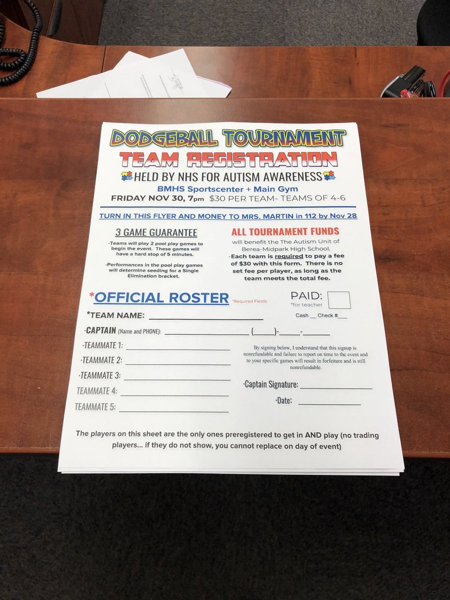 BMHSDodgeball's tweet photo. Team forms are OUT!  Come pick them up from either the main office, activities office, or cafeteria.  Only 10 school days to register! https://t.co/4kovBYvYcB