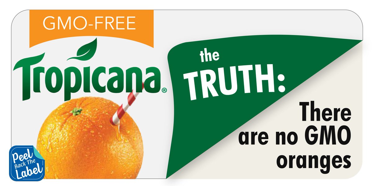 PeelBackLabel's tweet image. Why does @Tropicana include a “Non-GMO” label on their orange juice when there are no GM oranges? It’s certainly not about truth or transparency. It’s about capitalizing on consumer misconceptions for the sake of profit. #PeelBackTheLabel #NotBuyingIt bit.ly/2OnCoTh