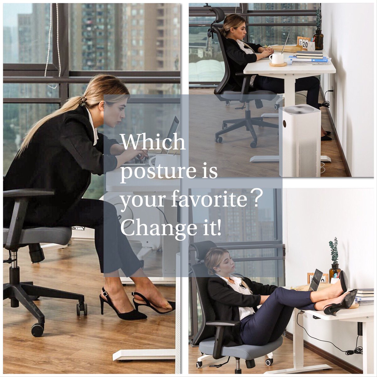 FlexiSpot's tweet image. Which posture is your favourite? Change it! You know you are hurting your back, right? #healthyoffice #sitstandmove #ergonomic #standingdesk