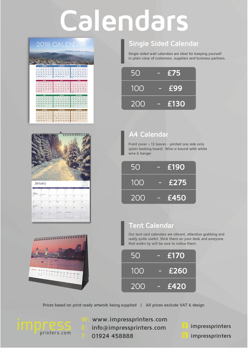 Check out the price list for our branded calendars. For more info contact us on 01924 458888 or email us at info@impressprinters.com.

#sales #sale #calendar #calendars #brandedcalendar #newyear #business #smallbiz #smallbusiness #offers #startup #success #batley #dewsbury