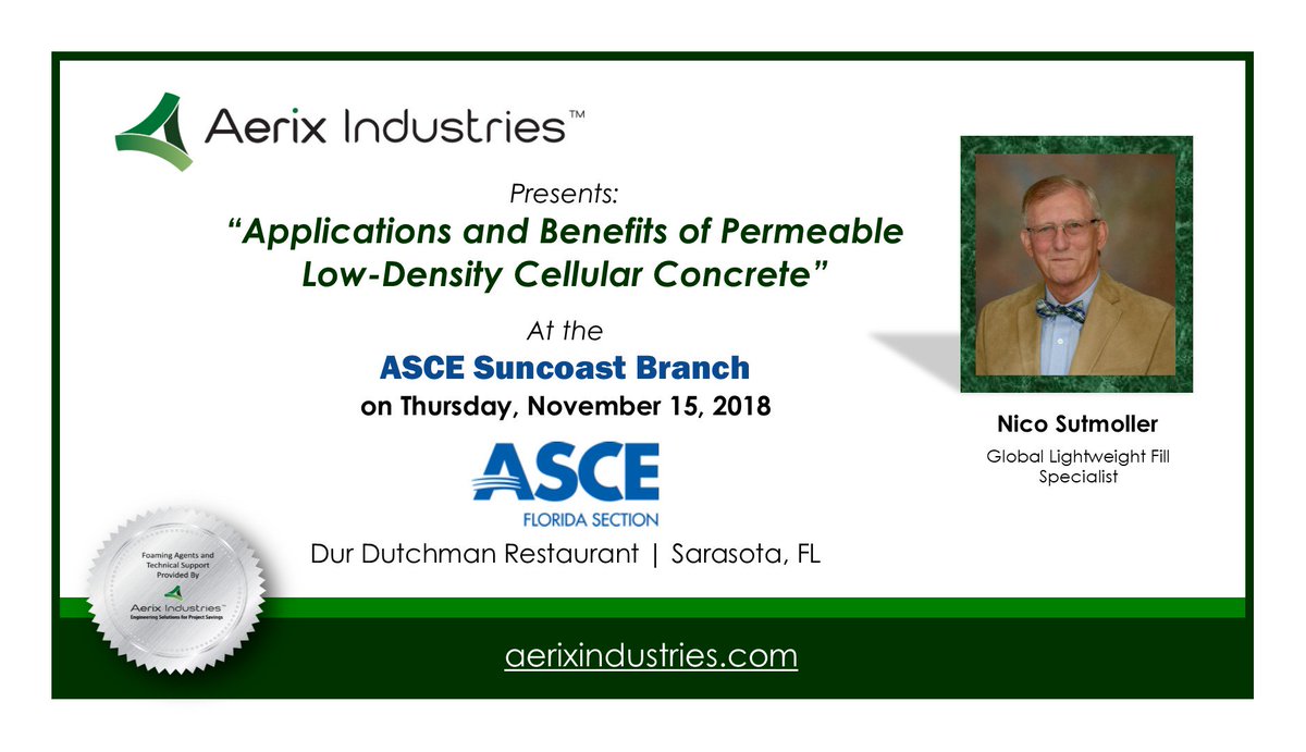 AerixIndustries's tweet photo. #PLDCC #meeting #presentation
#GlobalLightweightFillSpecialist @NSutmoller presents on the #applications and #benefits of #PLDCC tomorrow at the ASCE Suncoast Branch section meeting in Sarasota, FL.
@USDOTFHWA @VaDOT @ODOT_Statewide @La_DOTD @ASCETweets @GeoInstitute @AGCofA https://t.co/bkQMcquy0N