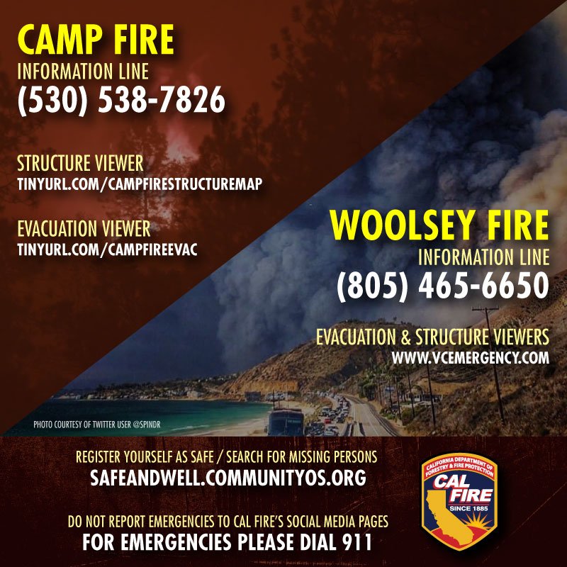 CAL_FIRE's tweet image. For those of you in areas affected by the #CampFire and #WoolseyFire, please use the information on the attached graphic to stay informed throughout these fires.
