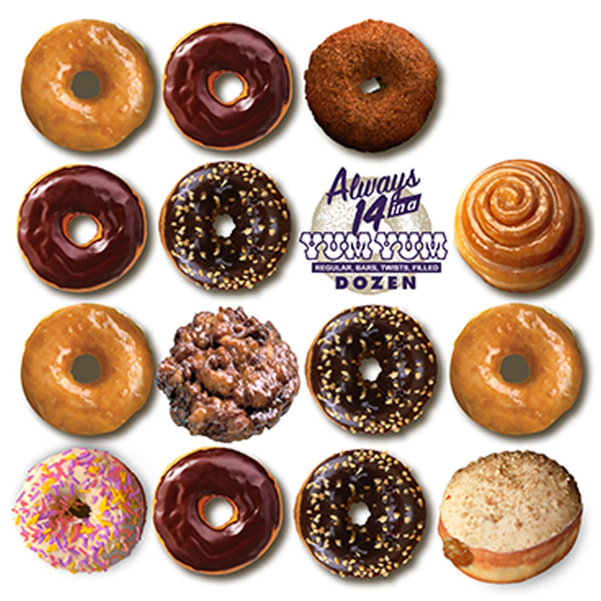A Yum Yum dozen always comes with 14 donuts! So please don't make fun of us for not knowing how to count