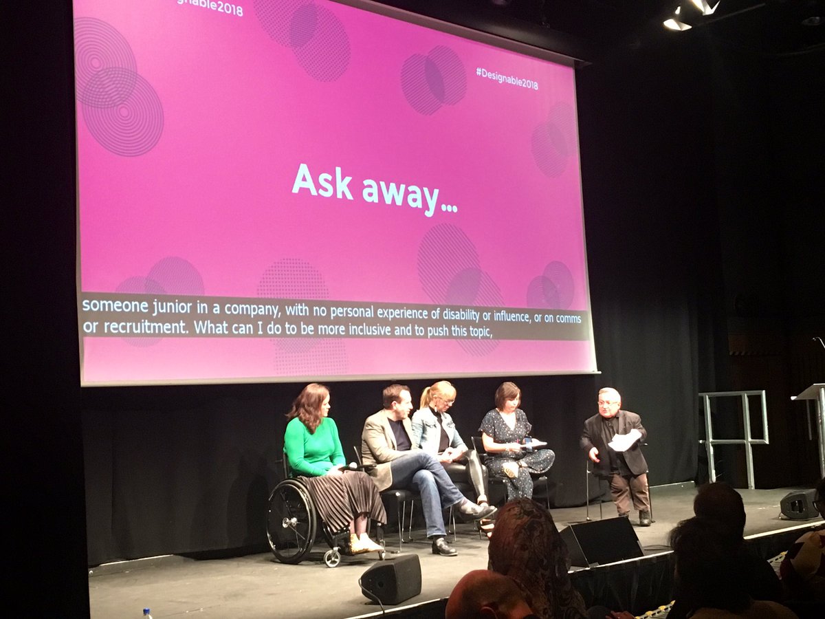 thinkdesignable's tweet image. It’s been a great afternoon! Now it’s time for our Q&amp;amp;A. First up, what can juniors in businesses due to help the cause? @NeilMilliken replies, listen to the experts, be brave and keep asking questions! #Designable2018