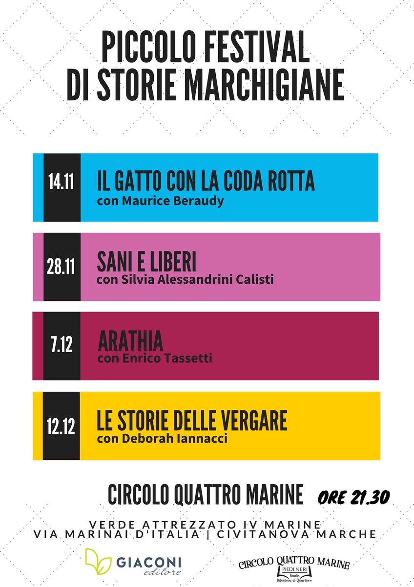 Questa sera il primo appuntamento con il piccolo festival di storie marchigiane a #Civitanova insieme allo scrittore #MauriceBeraudy ed il suo romanzo storico IL GATTO CON LA CODA ROTTA.
<a href="/CarlinoCMarche/">Carlino Civitanova</a> <a href="/viv_civitanova/">Vivere Civitanova</a> <a href="/civitanovam/">civitanova marche</a> <a href="/CivitanovaTT/">Civitanova TapTour</a> <a href="/LeggereLibriFDC/">LibriFuoriDalCoro</a> <a href="/librinews/">Libri News</a>