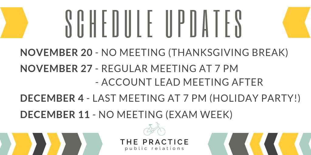Happy Wednesday! Here is an updated schedule of meetings to finish out the semester.