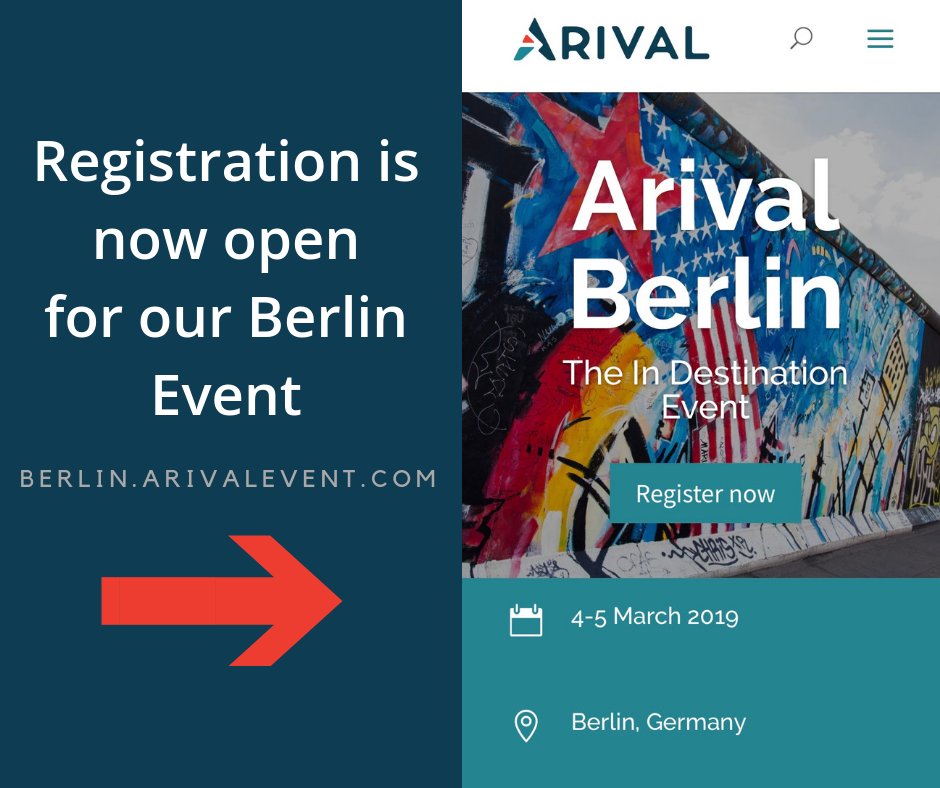 arivaltravel's tweet photo. Registration is now open for Berlin!  The Super Early Bird rate is €395 for operators of tours, activities &amp; attractions until 30 November. Register now and save €200 - €400.  See all the details on our Berlin event site: https://t.co/eZLvp1D1xB
#arivalevent #berlin https://t.co/y5mvGZF7q8