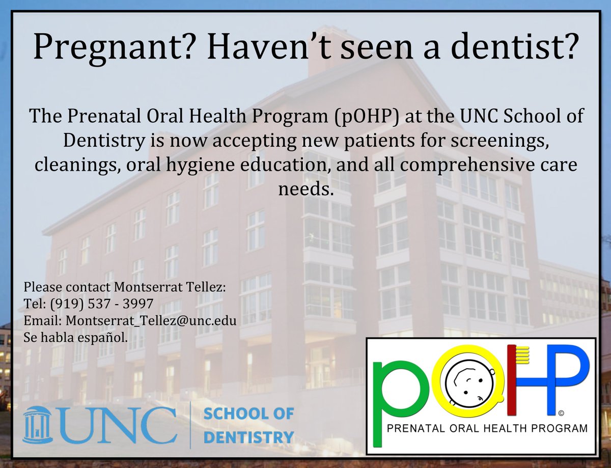 UNCDentistry's tweet photo. The School of Dentistry's Prenatal Oral Health Program is now accepting new patients! If you or someone you know is pregnant and hasn't seen a dentist, inquire about the pOHP program via email at Montserrat_Tellez@unc.edu or via phone at (919) 537-3997 for details. https://t.co/sQZfuOysJZ