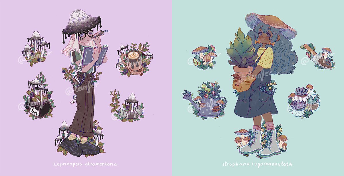 leunfer's tweet image. finally finished these shroom girls!! they are sticker sets you can find here: 🌱🍄 leunfer.bigcartel.com/product/shroom… 🌱🍄 (rts appreciated!)