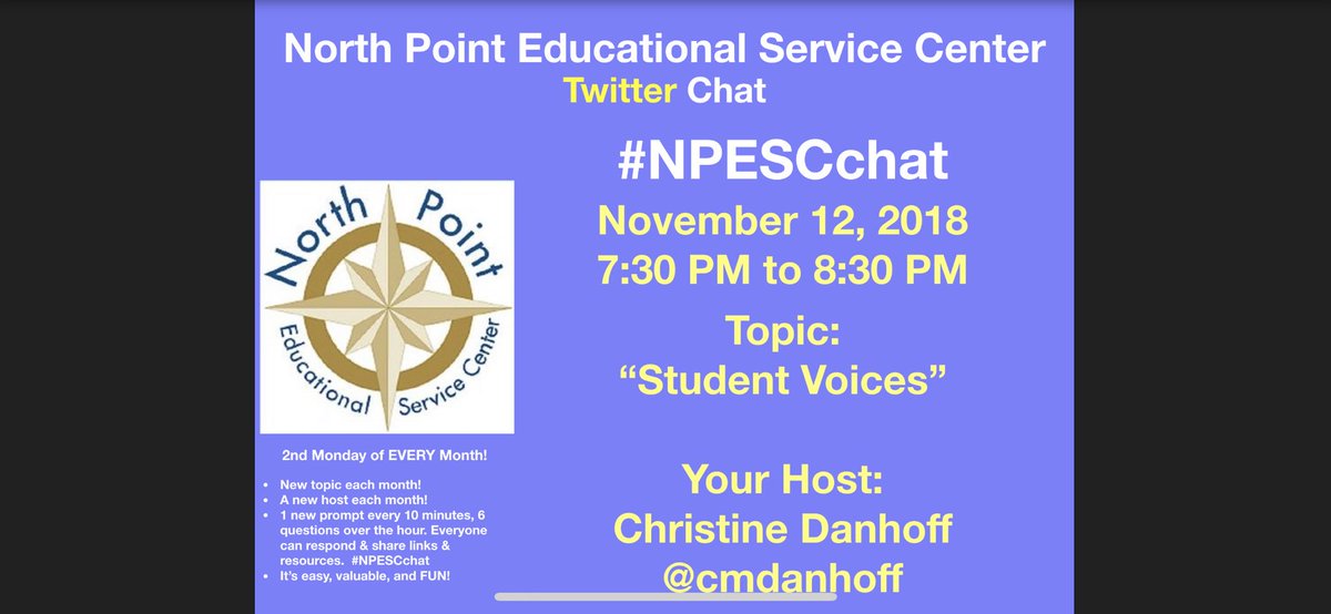 cmdanhoff's tweet photo. Join us tonight at 7:30 for our #NPESCchat on Student Voice and Choice! Please share our!! Looking forward to chatting tonight!!@tonya_thorbahn @amymhudson @AngelaWojtecki @theohiobloke @kevenrinaman @kellycroy @DocLRivera @ChelsMoyer @Hartmantech58 @Strohscher2nd #GenoaStrong https://t.co/V3gyBCef4n