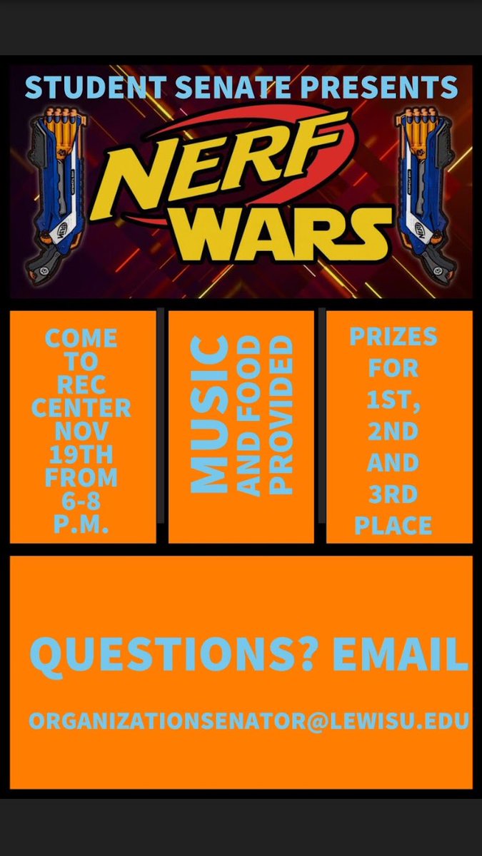 StudentSenateLU's tweet image. Hey @lewisuniversity students! We have something fun for you! Monday, November 19 we will be having NERF WARS. Join us in the REC to enjoy music, free food and some competitive fun. Any questions can be directed to 👉🏽 organizationsenator@lewisu.edu