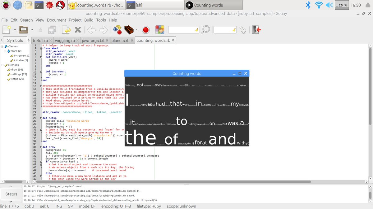 monkstoneT's tweet image. @shiffman @mrgohai #JRubyArt sketch running from @GeanyIDE on @Raspberry_Pi