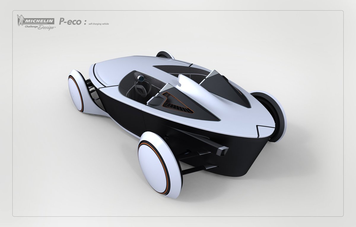 41. This is the P-Eco designed by Jung-Hoon Kim; it won a Michelin Design Award and is genuinely wildly conceptual and innovative, despite looking quite "real" - instead of motors it would use four piezoelectric devices, triggered by movement tension and weights to power the car.