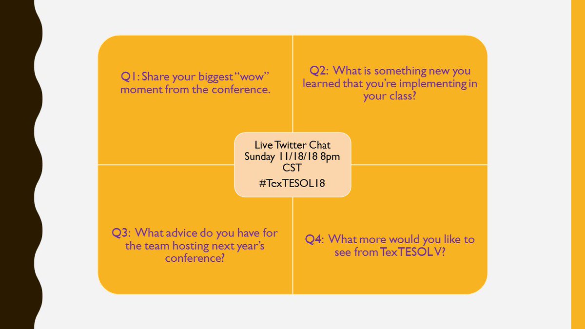 TexTESOL5's tweet photo. Please join us at 8pm CST Sunday, Nov 18 for a LIVE chat about #TexTESOL18. Here's a sneak peek of the questions we'll be asking. #reflections #PLN https://t.co/SQOq3iqz18