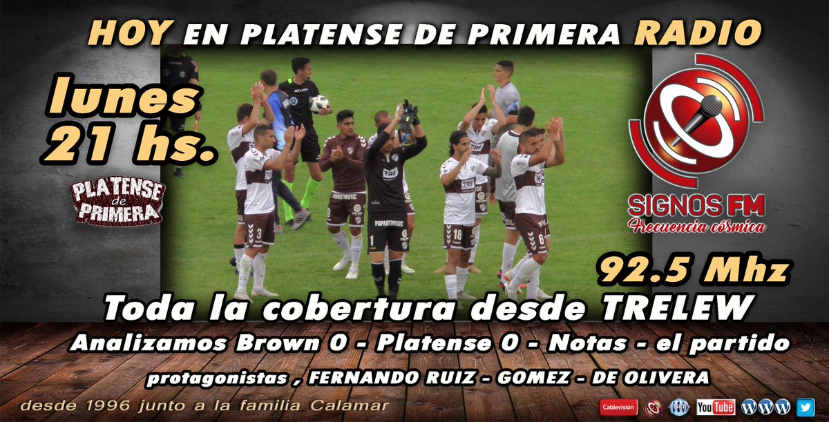 tensedeprimera's tweet photo. hoy en #platense  de primera #Radio  en #fmsignos #92,5 toda la cobertura desde #Trelew  y un empate para sumar #platensedeprimera #vamoscalamar
desde las 21 hs apps y https://t.co/3EhQJPfrl3 https://t.co/a4D88t8beZ