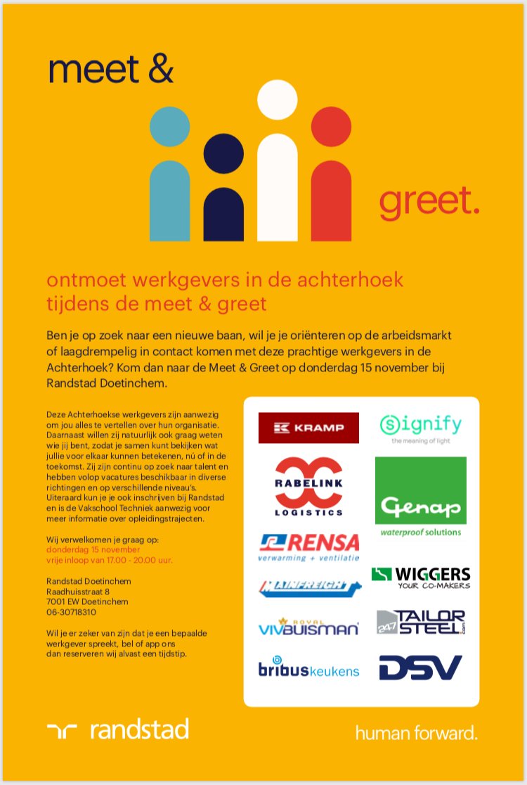 Ontmoet 14 prachtige Achterhoekse werkgevers tijdens de Meet &amp; Greet op donderdag 15 november van 17.00 - 20.00 uur bij Randstad in Doetinchem #Randstad #vacatures #werk #vakschool #opleiden #ontwikkelen #Achterhoek