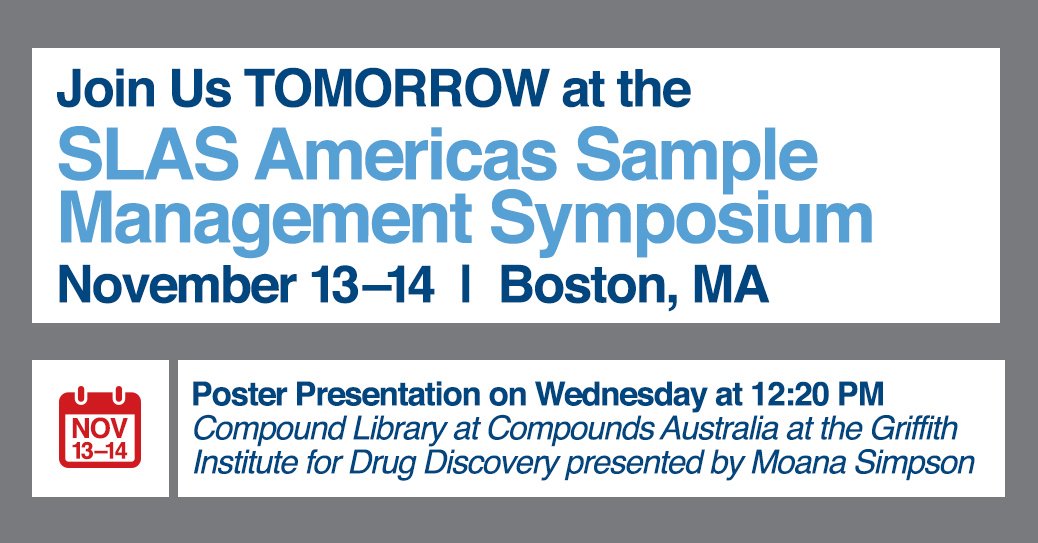 HamiltonCompany's tweet photo. Moana Simpson will be presenting a poster at #SLASSample18 that discusses the compound library at Compounds Australia, which recently purchased a Verso system. Stop by her presentation on November 14 at 12:20 p.m. to learn more! @CmpdsAus @SLAS_Org https://t.co/S8EtOsImql