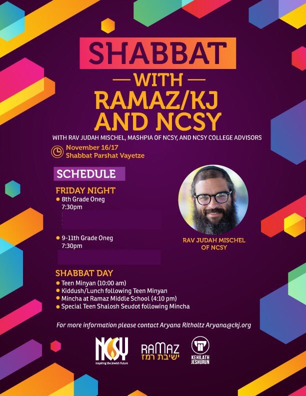 Looking forward to welcoming <a href="/NYNCSY/">New York NCSY</a> <a href="/JudahMischel/">Judah Mischel</a> to <a href="/CongregationKJ/">CKJ</a> <a href="/RamazSchool/">The Ramaz School</a> for an amazing shabbos program with <a href="/RavElie/">Rabbi Elie Weinstock</a> <a href="/rabbidkraus/">Daniel Kraus</a> <a href="/GordonDanielP/">🇮🇱 Daniel Gordon 🇮🇱</a>