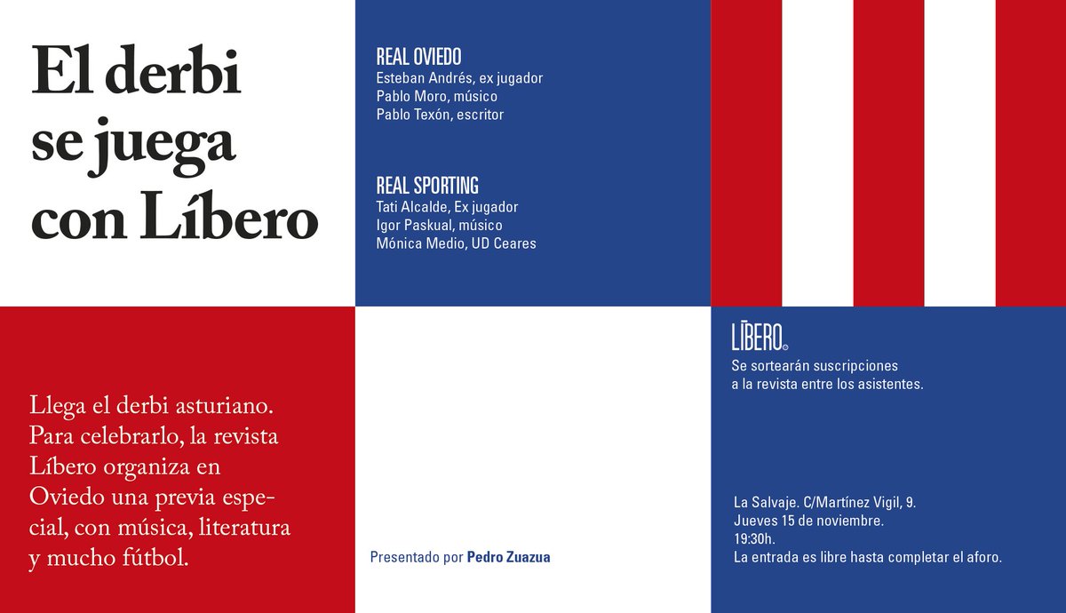 El jueves a las 19.30 calentamos el derbi asturiano en <a href="/lasalvaje_ovd/">La Salvaje</a> con las actuaciones de <a href="/IgorPaskual/">Igor Paskual</a> y <a href="/pmorooficial/">Pablo Moro</a> y los exjugadores del Real <a href="/RealOviedo/">Real Oviedo</a> Esteban Andrés y Tati Alcalde por el <a href="/RealSporting/">Real Sporting</a> Entrada libre. Modera <a href="/PedroZuazua/">Pedro Zuazua</a>