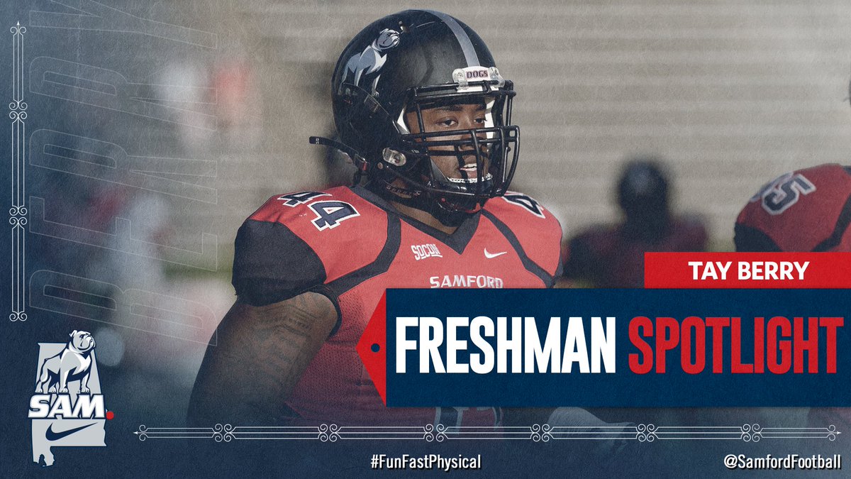 SamfordFootball's tweet photo. This week's freshman spotlight goes to our guy Tay Berry!

#FunFastPhysical
#AllForSAMford🐶🐾 https://t.co/r20v2HnBWr