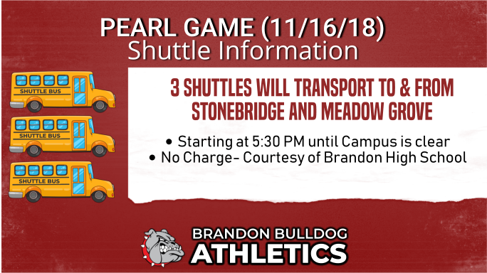 BrandonBulldogs's tweet photo. UPDATED Shuttle Information for Pearl Pt. 2 this week at Bulldog Stadium!

Please continue to check our GAMEDAY page (https://t.co/xff7bV9IJz) throughout this week and on Friday for the most up-to-date information! @PearlPiratesPHS https://t.co/nFJ1QtlDOC