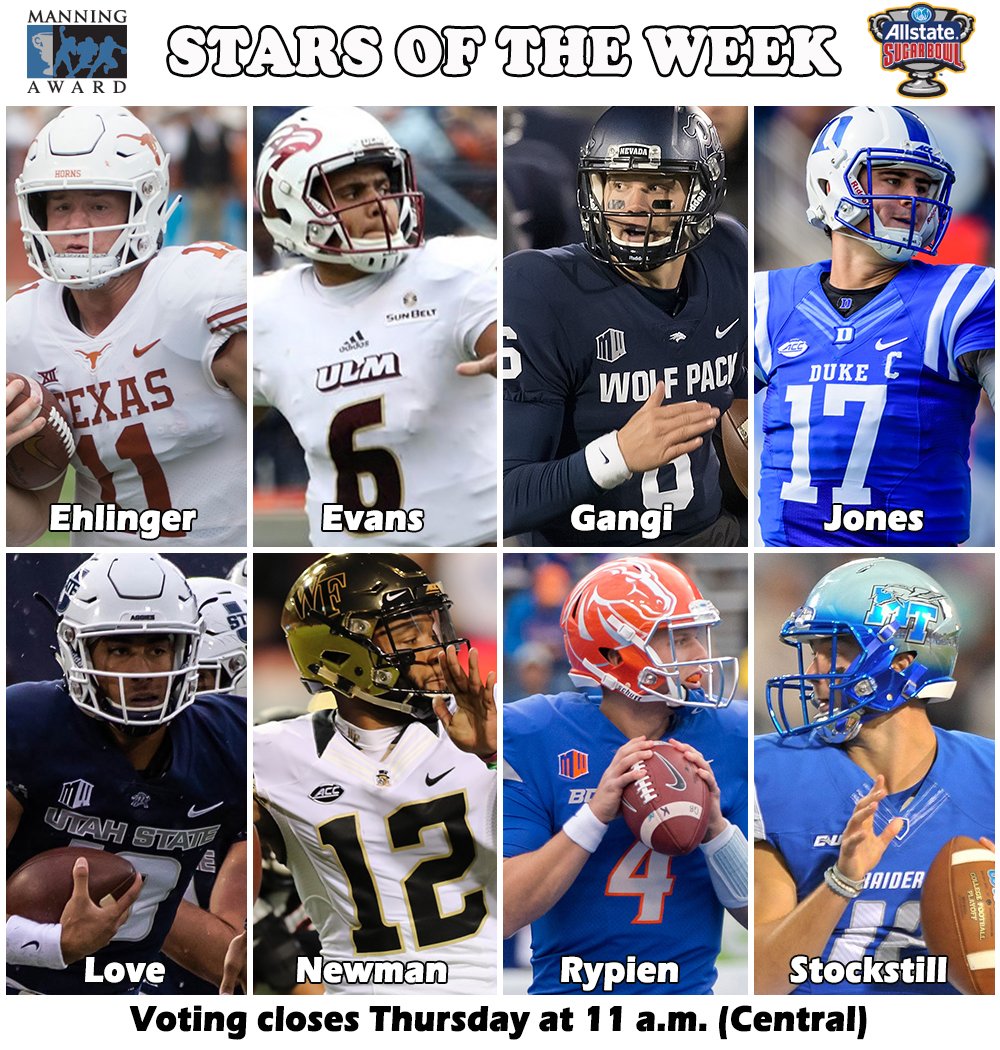 SugarBowlNola's tweet photo. Each week we use fan voting to select a #ManningAward #QB of the Week! #VOTING is now open on our social media channels. Simply FOLLOW us and QUOTE RT this post with who you want to win! Go to https://t.co/HhuzaMBw5N  and https://t.co/pFhNEhPdOg … to cast your vote there too! https://t.co/wDoVwPM95V