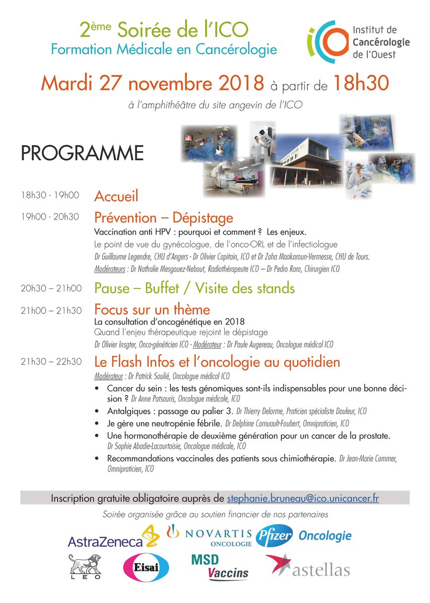 ICO_cancer's tweet image. Soirée de #formationmedicale pour #medecingénéraliste et #medecinpécialiste mardi 27 novembre 2018 dès 18h30 à Angers : #vaccination, #antalgiques, #neutropénie, #hormonothérapie et #cancerdelaprostate ...
Inscription gratuite auprès de stephanie.bruneau@ico.unicancer.fr - Buffet